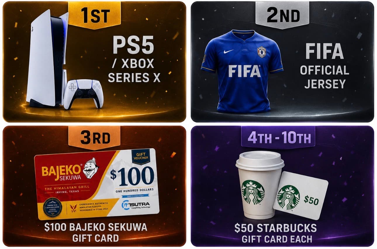 Knockout Tournament prizes — 1st: PS5 / Xbox Series X · 2nd: FIFA official jersey · 3rd: $100 Bajeko Sekuwa gift card · 4th–10th: $50 Starbucks gift card each